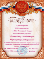 Благодарность МОУ гимназия №1 г.о. Шуя Ивановской области